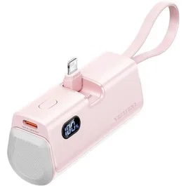 Vention Powerbank 4800mAh FHRP0 - Batería Portátil 22.5W Ultracompacta con Cables USB-C y Lightning Integrados, Pantalla LED, Color Rosa